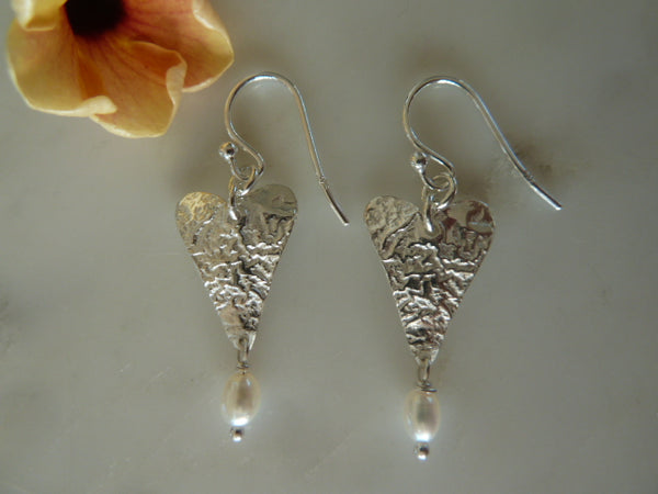 slender heart earrings with pearl drop