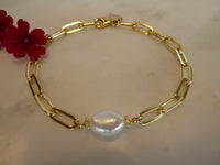 flat paperclip chain bracelet with Large Pearl