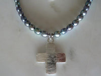 celtic cross/freshwater pearl necklace peacock