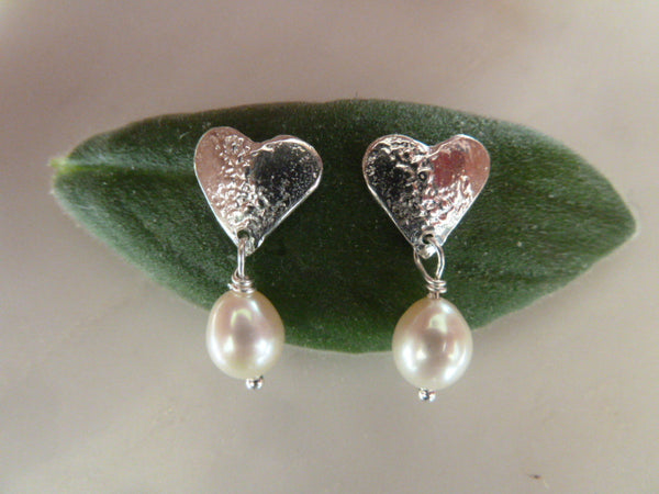 medium silver heart stud pearl drop