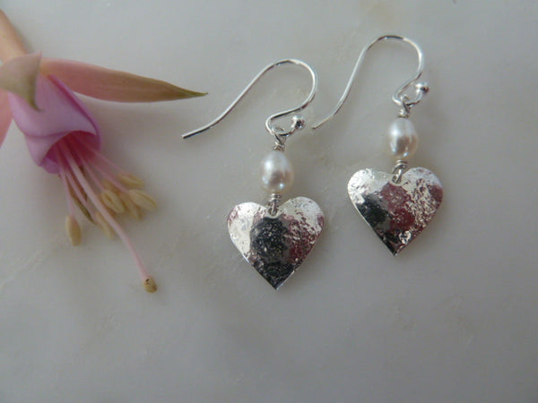 large silver & pearl heart earrings