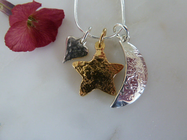 silver moon, gold star & heart pendant