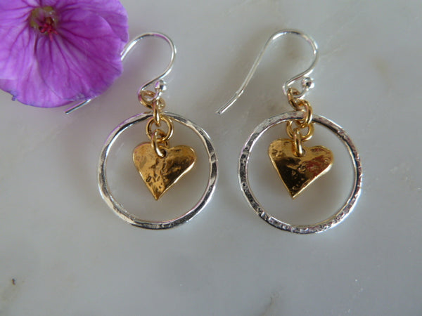 silver circle & gold heart earrings