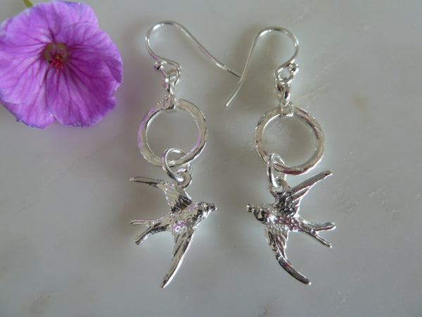 silver small circle & swallow earrings