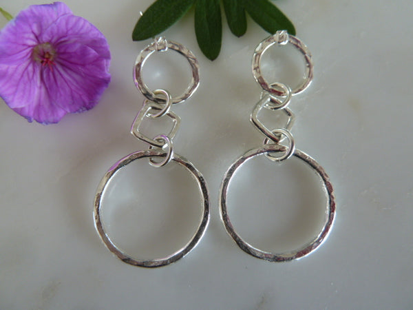 silver circle & square drop stud earrings
