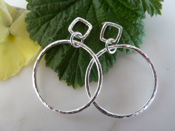 silver small square & circle stud earrings
