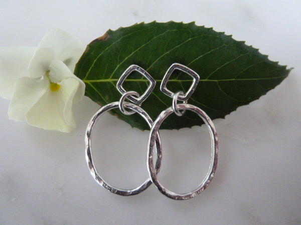 silver square oval drop earrings