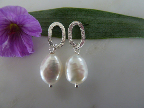 silver oval & pearl drop studs