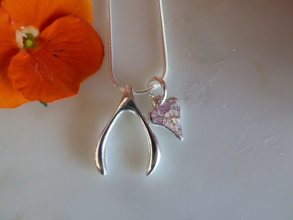 silver wishbone & heart pendant