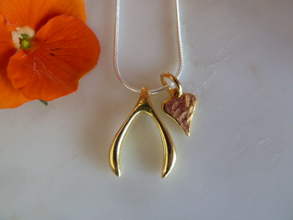 gold wishbone & heart pendant