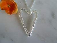 silver large crumpled open heart pendant long chain