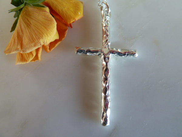silver large crumpled cross charm long chain